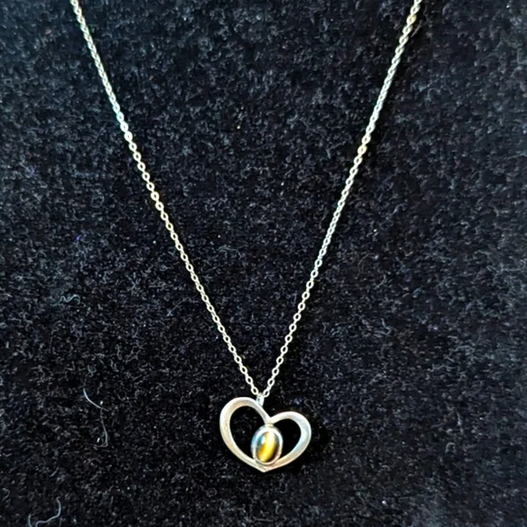 Tigers eye heart stainless silver necklace, size 20" - Picture 1 of 4